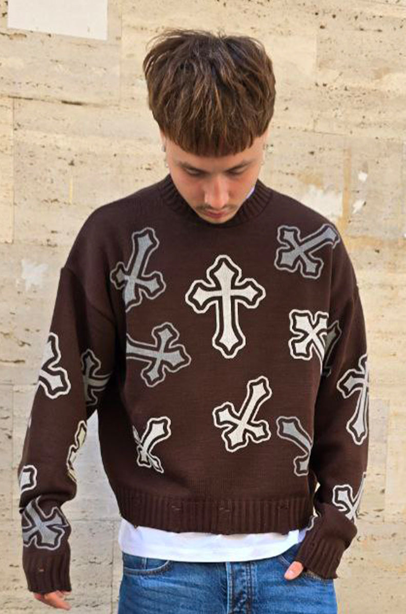 MAGLIONE CROPPED GLOBAL COD. CHROME - MARRONE