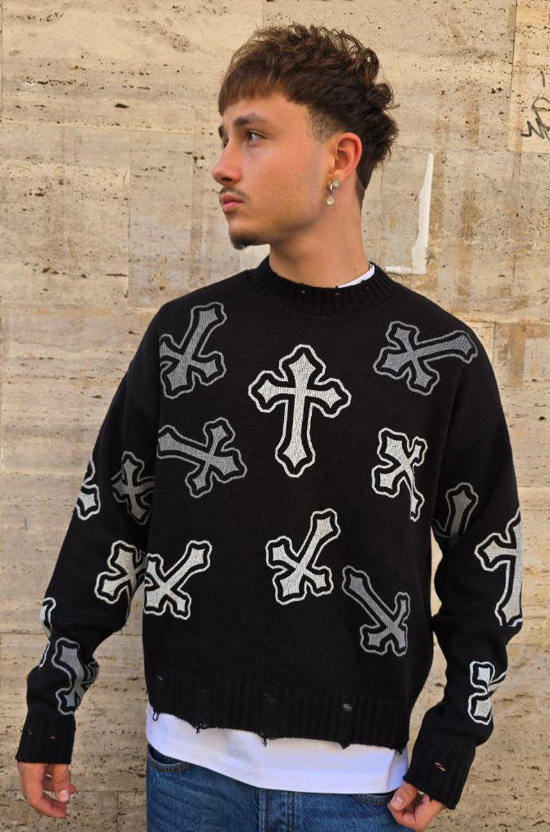MAGLIONE CROPPED GLOBAL COD. CHROME - NERO