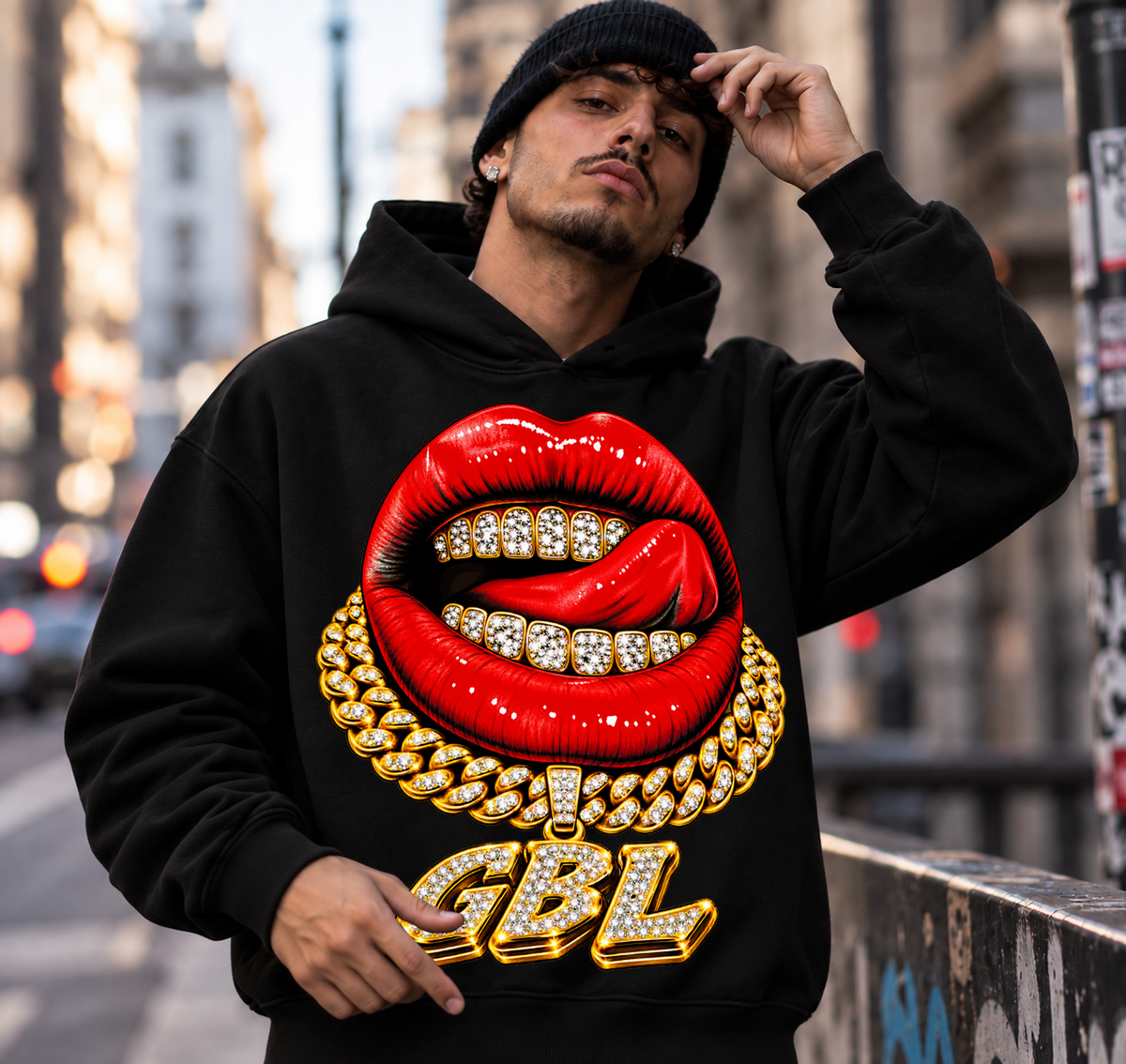 HOODIE GLOBAL BRAND REGULAR FIT NERA - ART. MOUTH GOLD