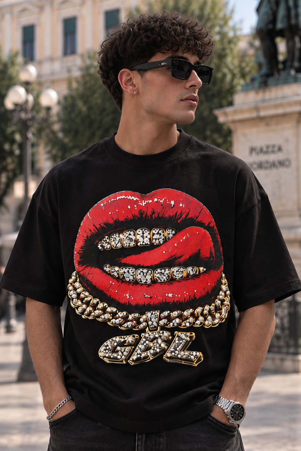T-SHIRT GLOBAL BRAND OVERSIZE NERA - ART. MOUTH GOLD