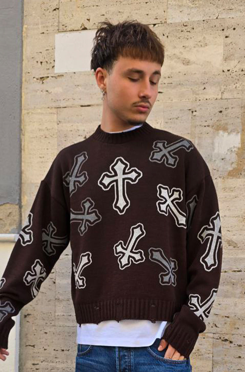 MAGLIONE CROPPED GLOBAL COD. CHROME - MARRONE