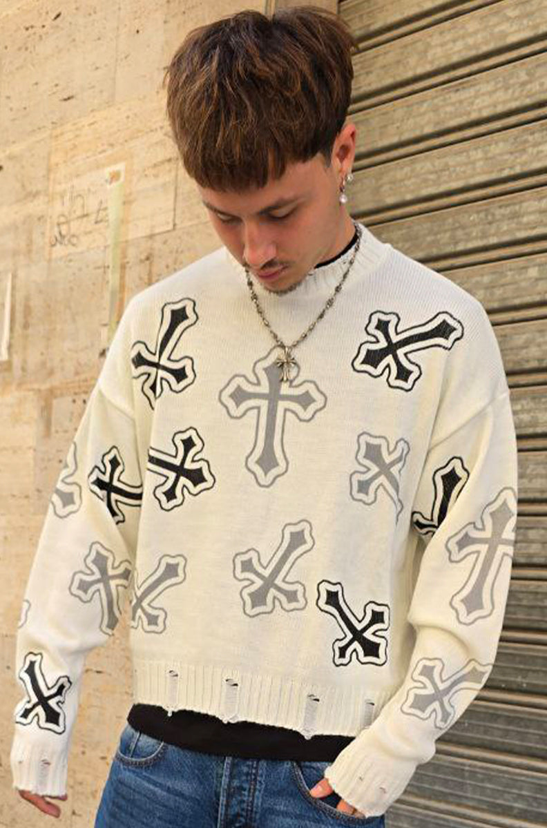 MAGLIONE CROPPED GLOBAL COD. CHROME - BIANCO