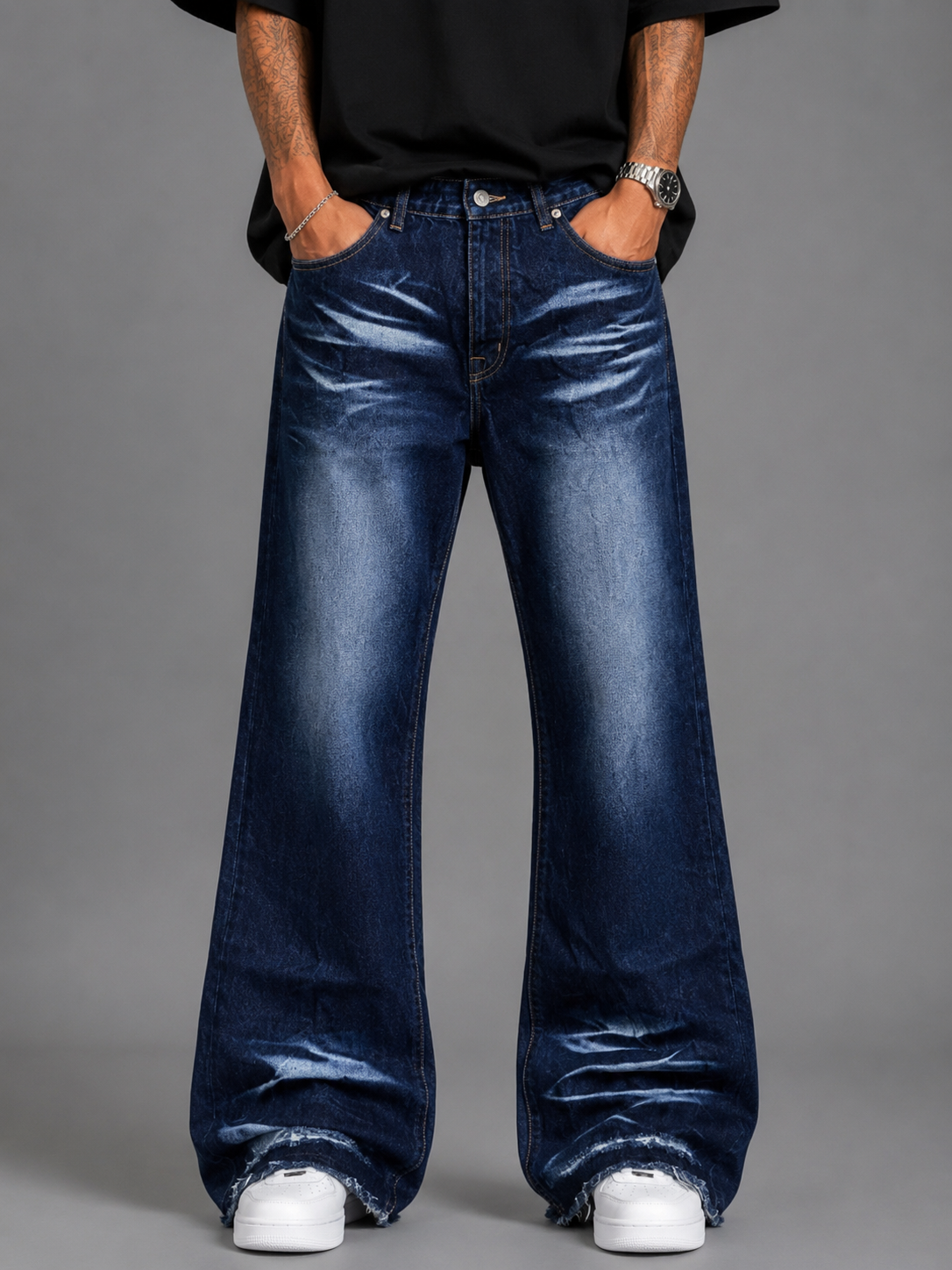 JEANS WHISKER FLARE BLU INDACO