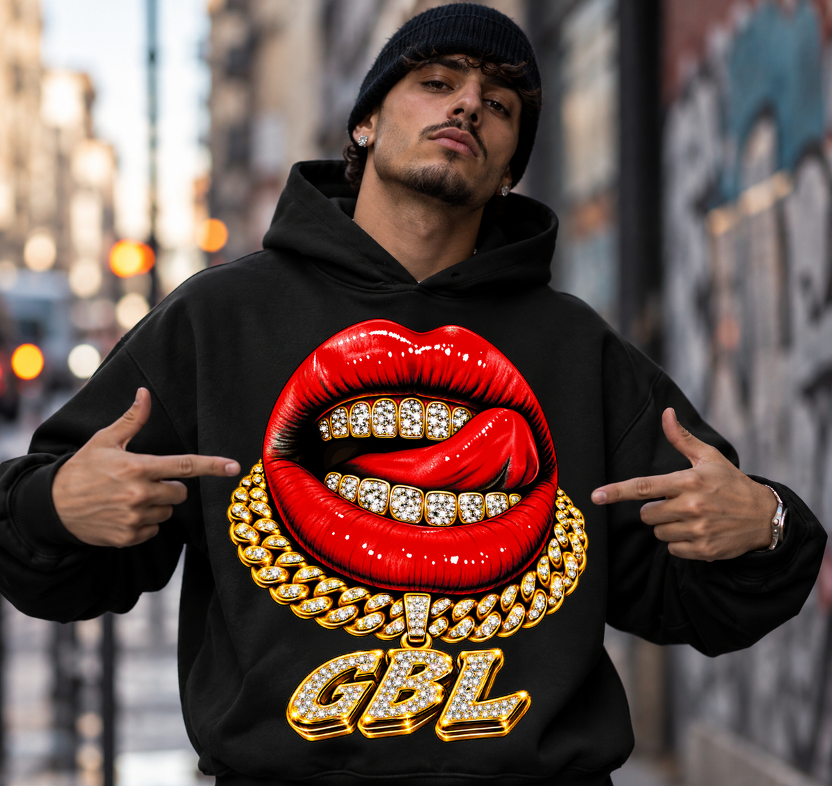 HOODIE GLOBAL BRAND REGULAR FIT NERA - ART. MOUTH GOLD