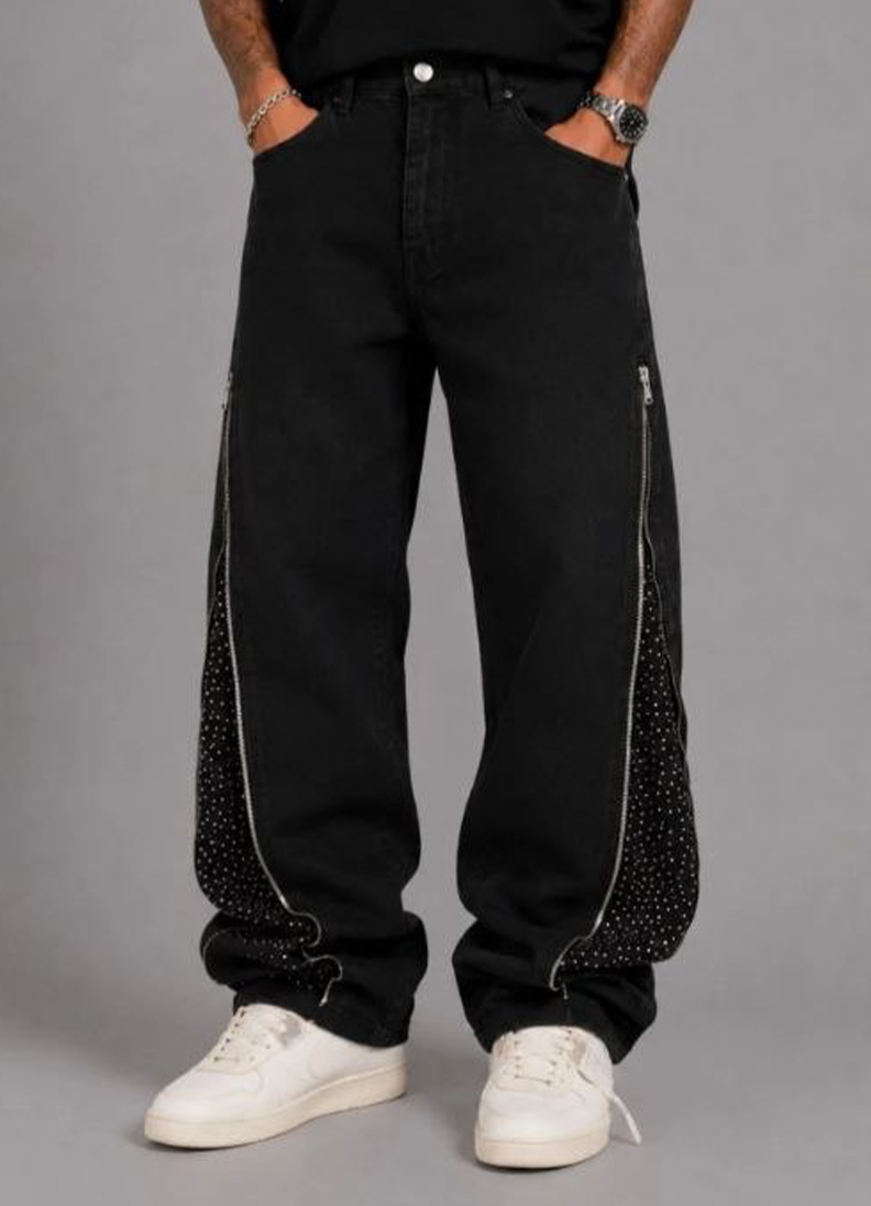 JEANS FLARED ZIP STRASS NERO - ART. 701
